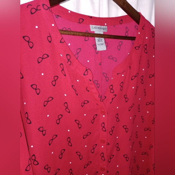 Catherines Red Blouse with Retro Glasses Print Rockabilly 26/28 3X Optometrist - Picture 1 of 7